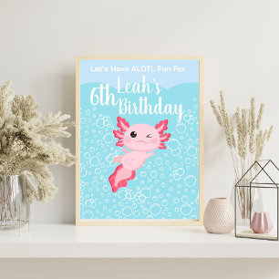 Poster Filles roses mignonnes Axolotl fête d'anniversaire