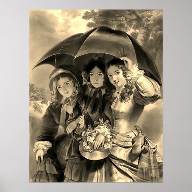 Poster Filles victoriennes parapluie jour de pluie femme  (Devant)