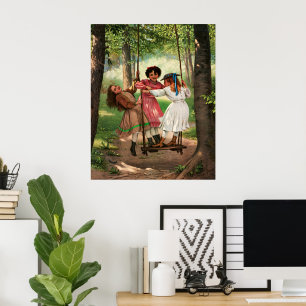 Poster Filles victoriennes vintage sur balançoire de forê