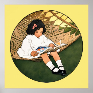 Poster Fillette Vintage Lisant dans un Hamac