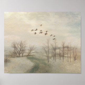 Poster Fin automne avec croquis au crayon d'oies volantes