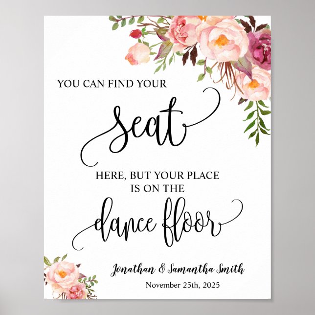Poster Find your seat sign wedding reception pink (Devant)