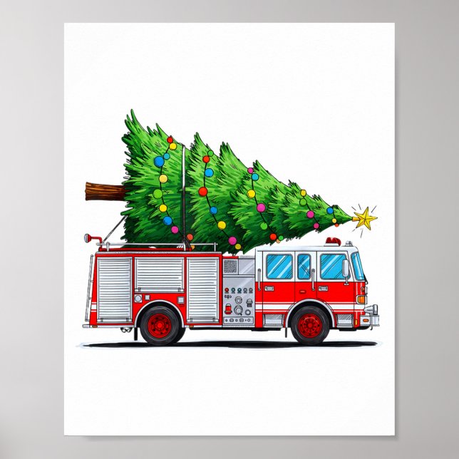 Poster Fire Truck Christmas Tree Xmas Lights Firefighter  (Devant)