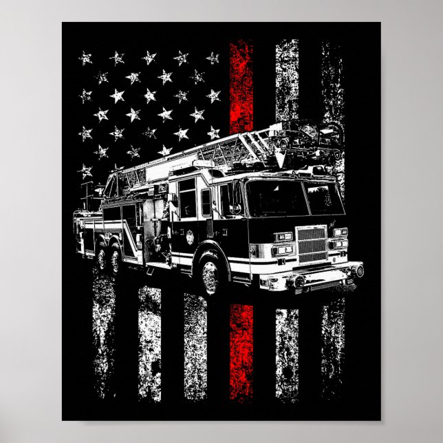 Poster Fireman American Flag Thin Red Line Firefighter  (Devant)