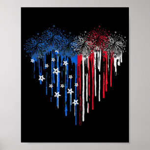 Poster Fireworks Drit Coeur Drapeau américain Patriotique