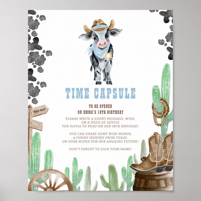Poster First Rodeo Wild West Baby Cow Time Capsule Sign (Devant)