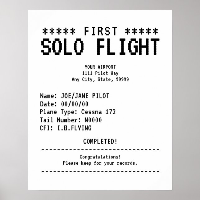 Poster First Solo Flight Congratulations (Devant)