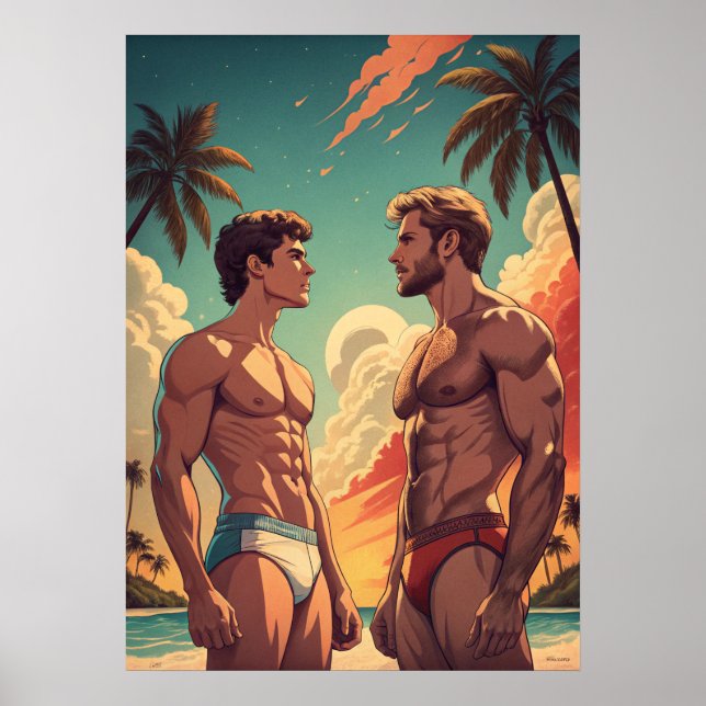 Poster Fit boys sur la plage (Devant)