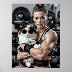 Poster Fitness Girl&Cat dans la salle de gym. Motivation