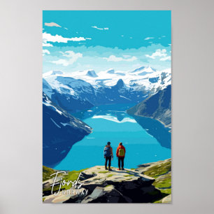 Poster Fjords Norvège Art illustration de voyage vintage