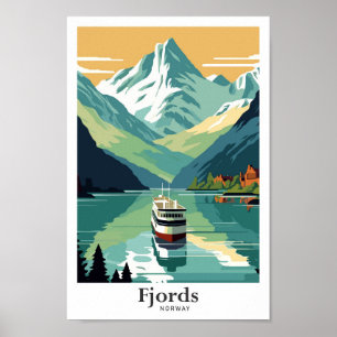Poster Fjords Norvège Voyage Art Vintage Illustration