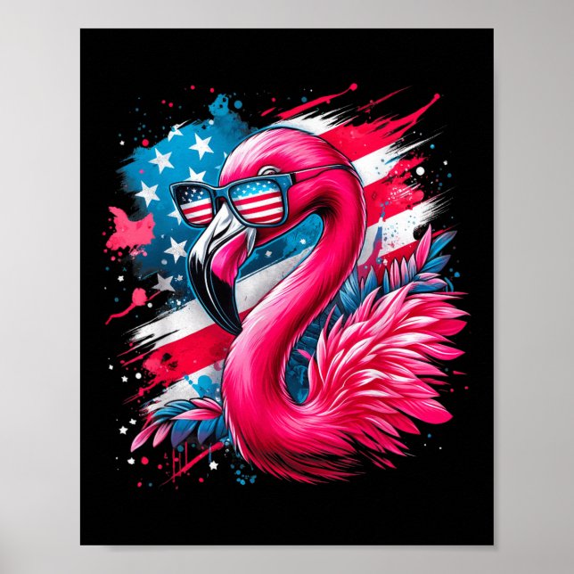 Poster Flamant rose 4 juillet Drapeau Américain Patriotiq (Devant)