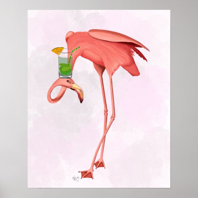 Poster Flamant rose avec Cocktail (Devant)
