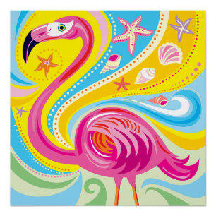 Poster Flamant Rose avec Étoile de Mer