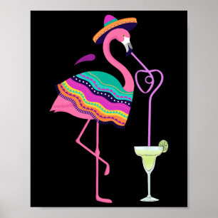 Poster Flamant rose Boire Margarita Mexicaine Poncho Cinc
