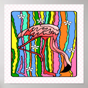 Poster Flamant rose d'alimentation des fleurs