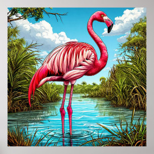 Poster Flamant rose debout dans un cadre tropical serein