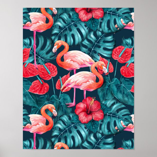 Poster Flamant rose et aquarelle du jardin tropical (Devant)