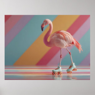 Poster Flamant Rose Fantaisiste sur des Patins à Roulette