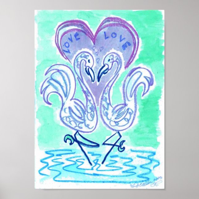 Poster Flamant rose Love blue par Wendy C Allen (Devant)