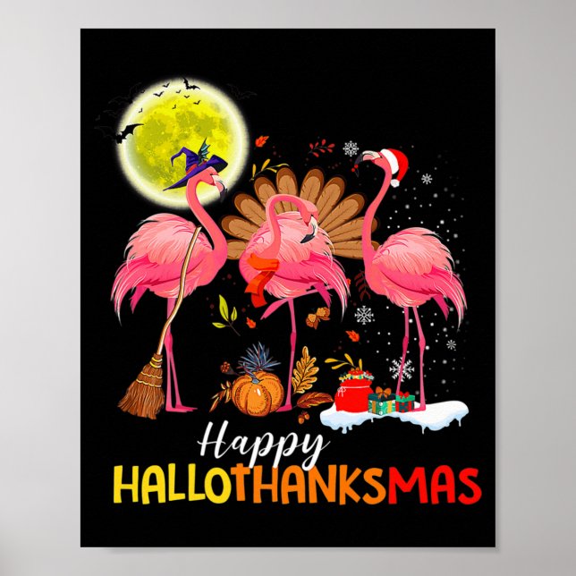 Poster Flamant rose mignon HalloThanksmas Happy Halloween (Devant)