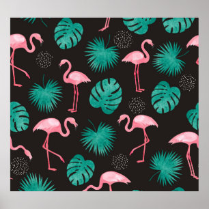 Poster Flamant rose, palmiers feuilles : aquarelle tropic