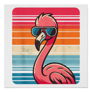Poster Flamant rose rétro cool en Lunettes de soleil les