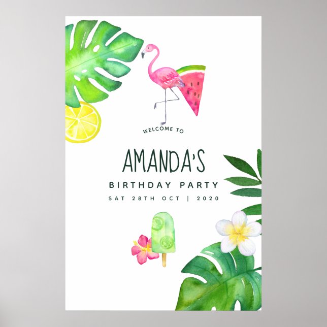 Poster Flamant rose rose Aquarelle tropicale Anniversaire (Devant)