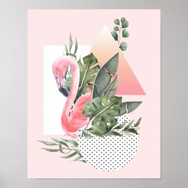 Poster Flamant rose rose Aquarelle tropicale Collage (Devant)