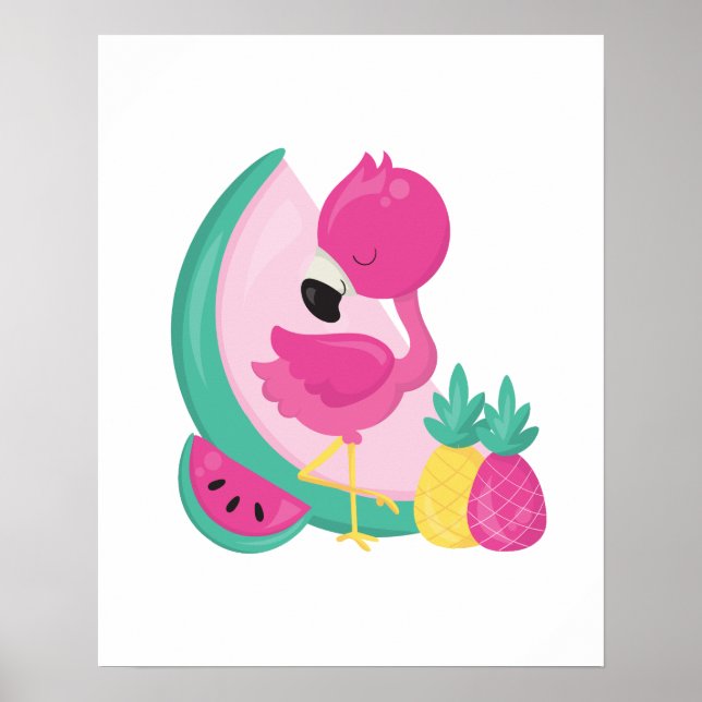 Poster Flamant rose rose avec pastèque et ananas (Devant)