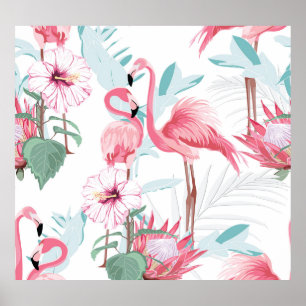 Poster Flamant rose Rose : Fleurs Exotiques Sans Couleur.