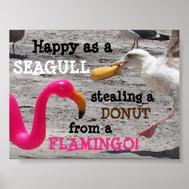 Poster Flamant rose rose Mouette  Plage Humour de vacance (Devant)