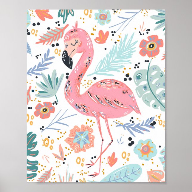 Poster Flamant rose rose tropical (Devant)