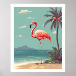 Poster Flamant rose rose vintage sur la plage