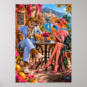 Poster Flamant rose & Tigre à Valence — Été méditerranéen