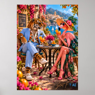 Poster Flamant rose & Tigre à Valence — Été méditerranéen
