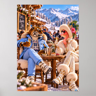 Poster Flamant rose & Tigre dans les Alpes — Après-Ski d'