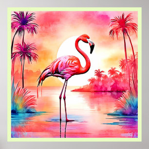 Poster Flamant rose tropical