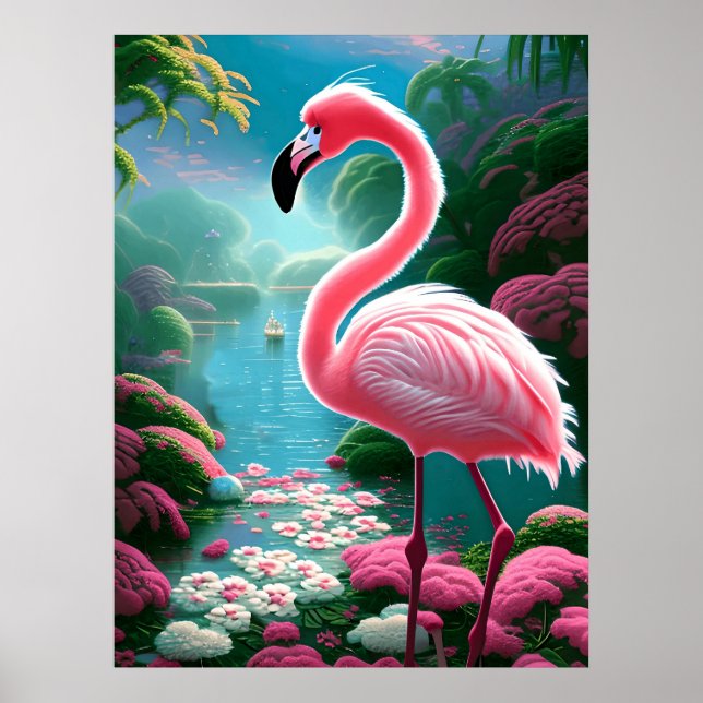 Poster Flamant rose tropical aux fleurs (Devant)