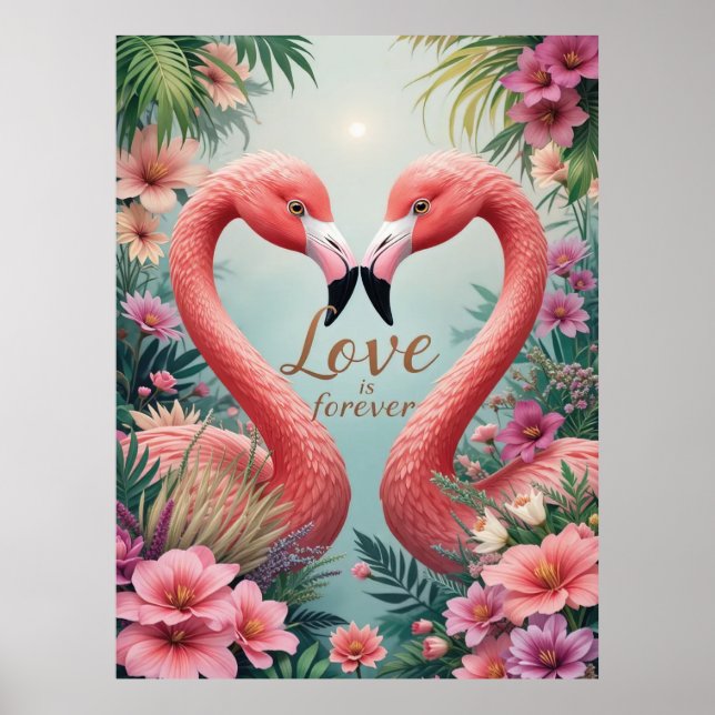 Poster Flamant rose tropical couple amoureux (Devant)