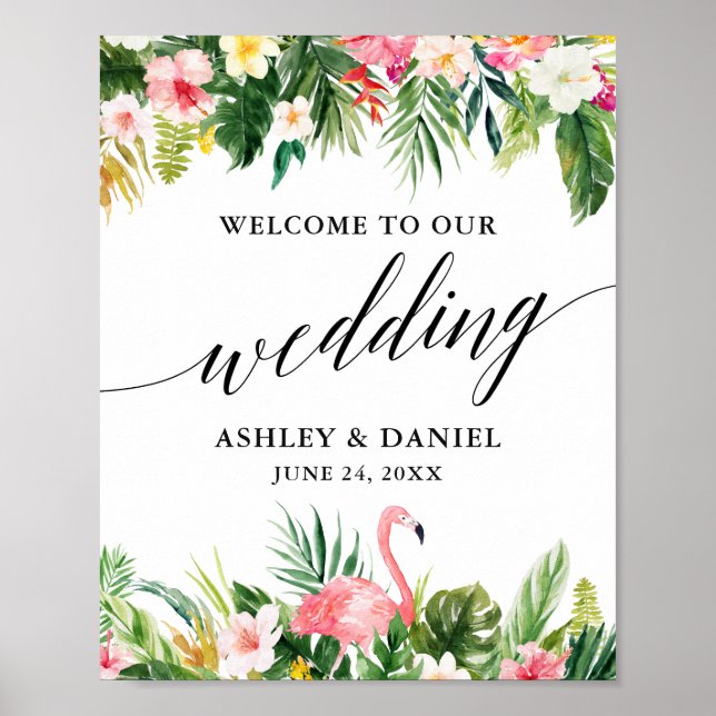 Poster Flamant rose tropical Mariage de calligraphie Bien (Devant)