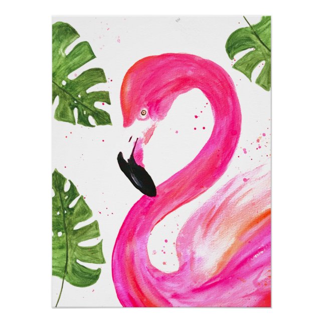 Poster Flamant rose tropical Palmier rose Feuille Oiseau  (Devant)
