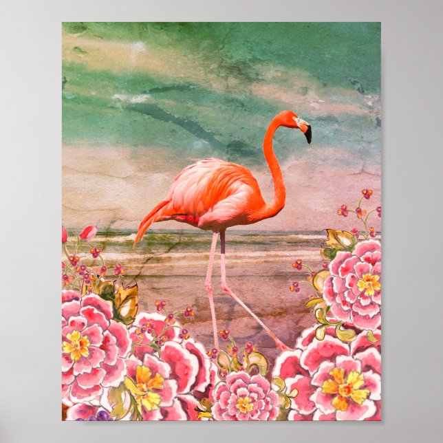 Poster Flamant rose tropical sur la plage & Fleurs roses  (Devant)