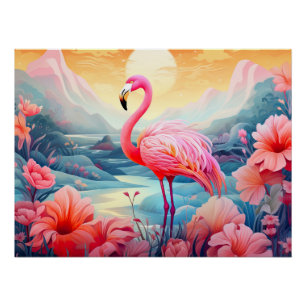 Poster Flamant Tropical avec Fleurs