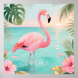 Poster Flamant Tropical Coucher de Soleil Aquarelle