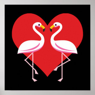 Poster Flamants roses blancs mignons rose avec coeur roug
