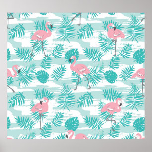 Poster flamants roses, feuilles de palmiers verts, tropic