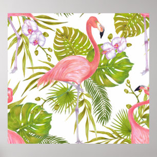 Poster Flamants roses, orchidées : motif aquarelle.