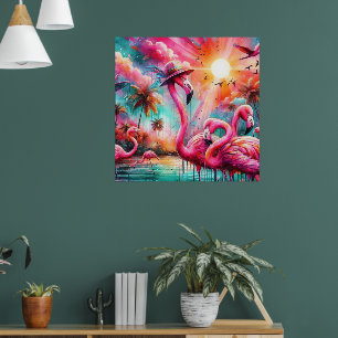 Poster Flamants roses roses tropicaux Palmiers Eau Solair