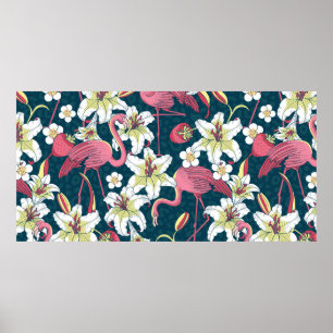 Poster Flamants roses tropicaux et Lys Motif sans couture